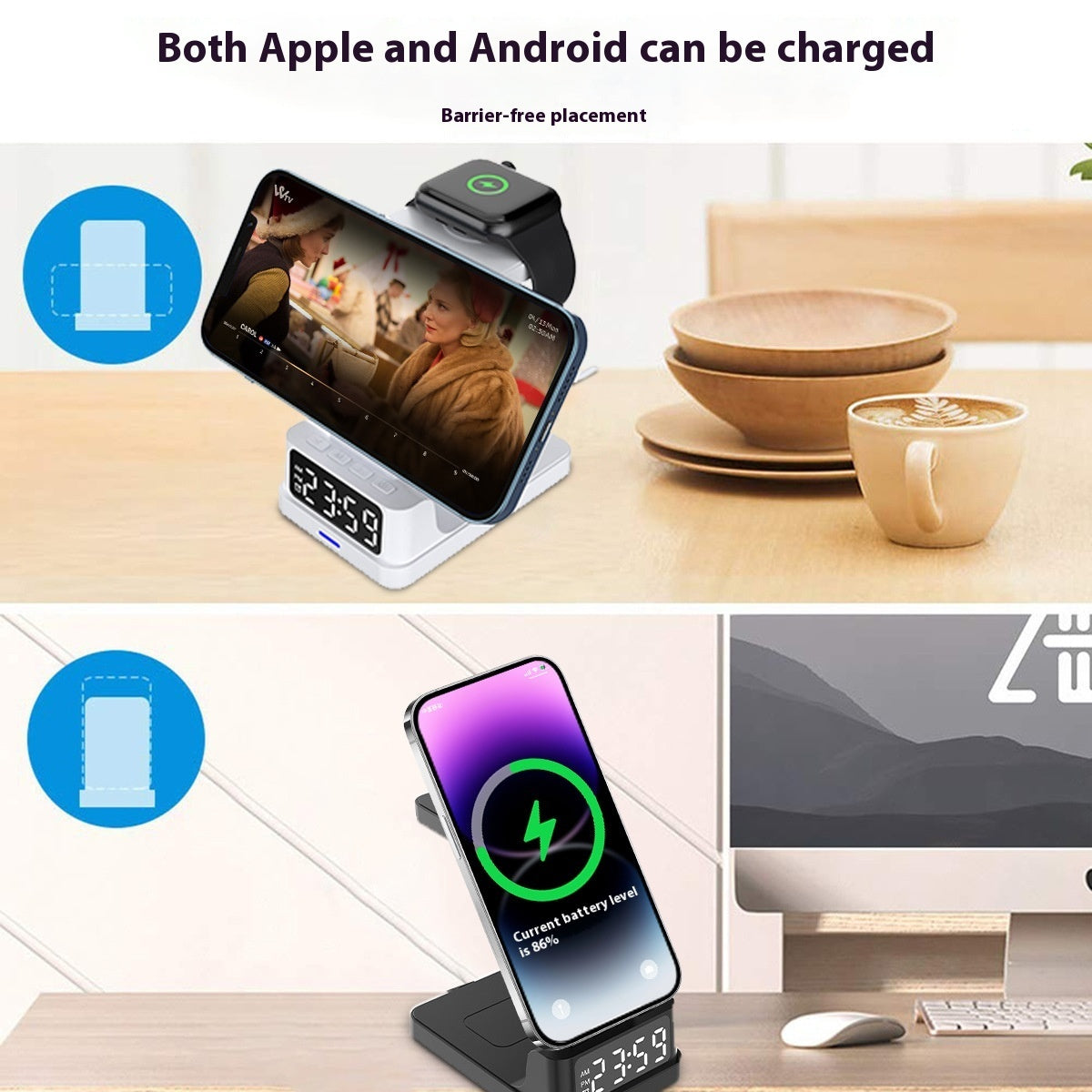 Magnetic Three-in-one 15W Wireless Charger With Clock for Apple or Samsung